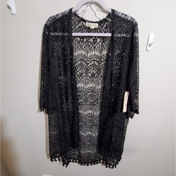 Indigo Rose Black Lace New Floral crocheted‎ fringe kimono wrap plus Size 3X new - Picture 1 of 8